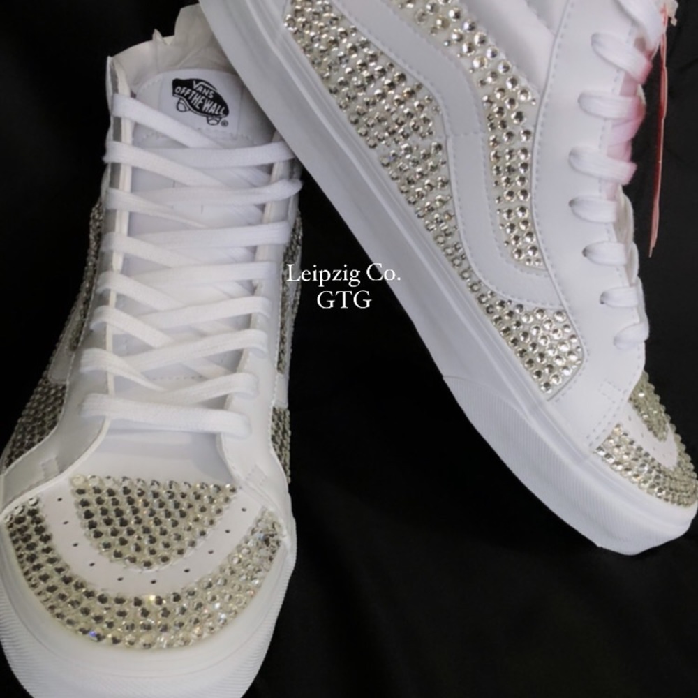 Custom Vans Sk8-hi White Leather with hand placed crystals Skateboard